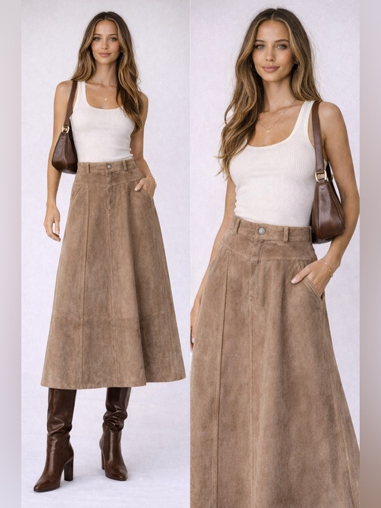 Liz Claiborne Dresses & Skirts - Vintage Liz Claiborne Lizwear Suede Leather Midi Skirt Tan Size 12